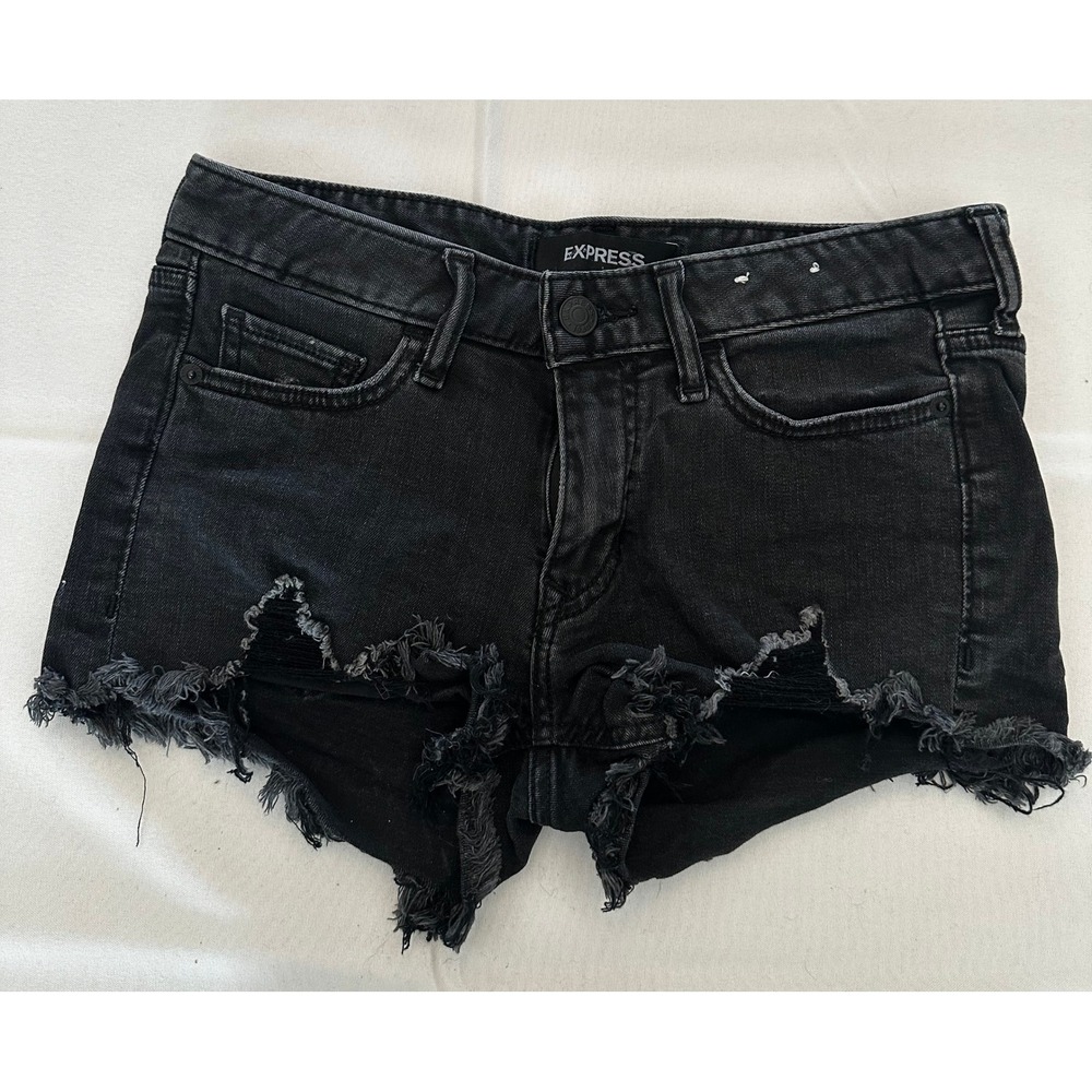 Express Shortie Relaxed Low Rise Black Denim Distressed Cut Off Shorts Size 0